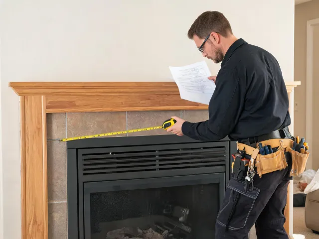 Technician checking vent clearances on fireplace chase